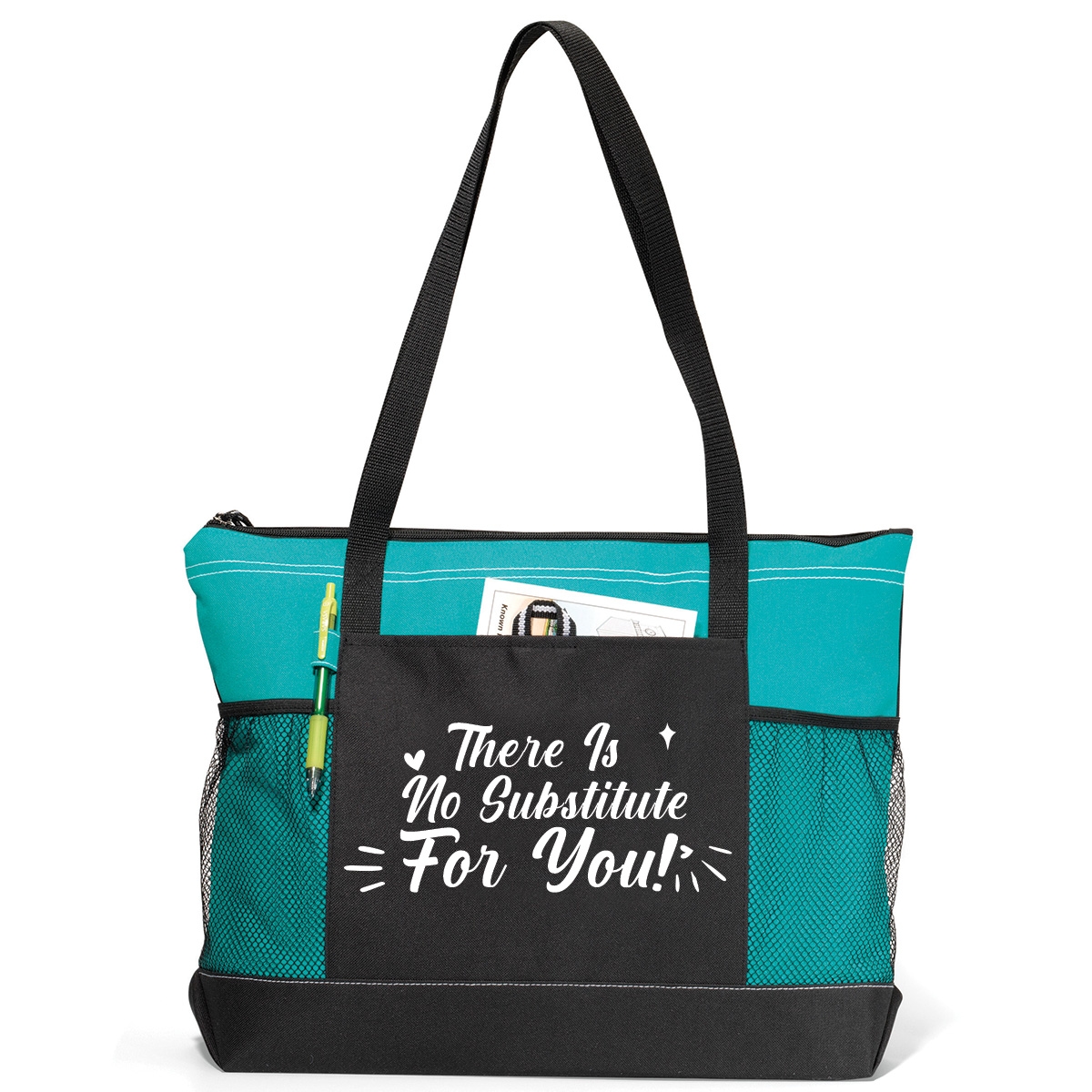 Teal tote bag with teacher appreciation saying