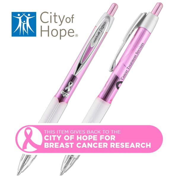Pink and white pens with logo
