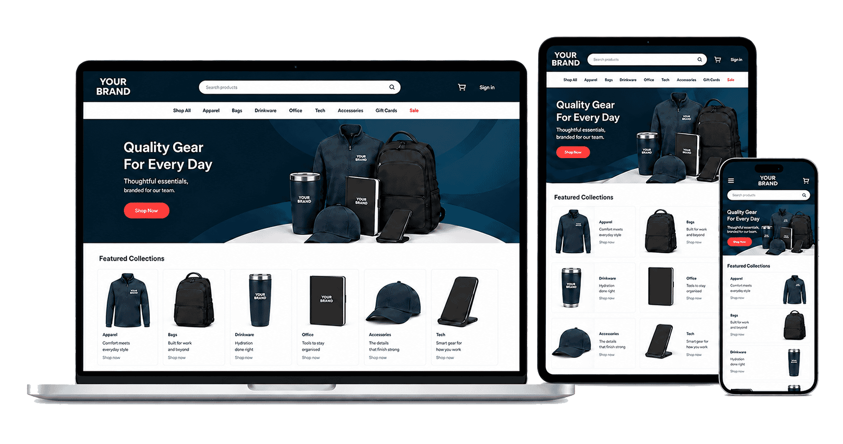 Example branded company store displayed on desktop, tablet and mobile devices