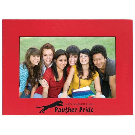 Red photo frame with school logo