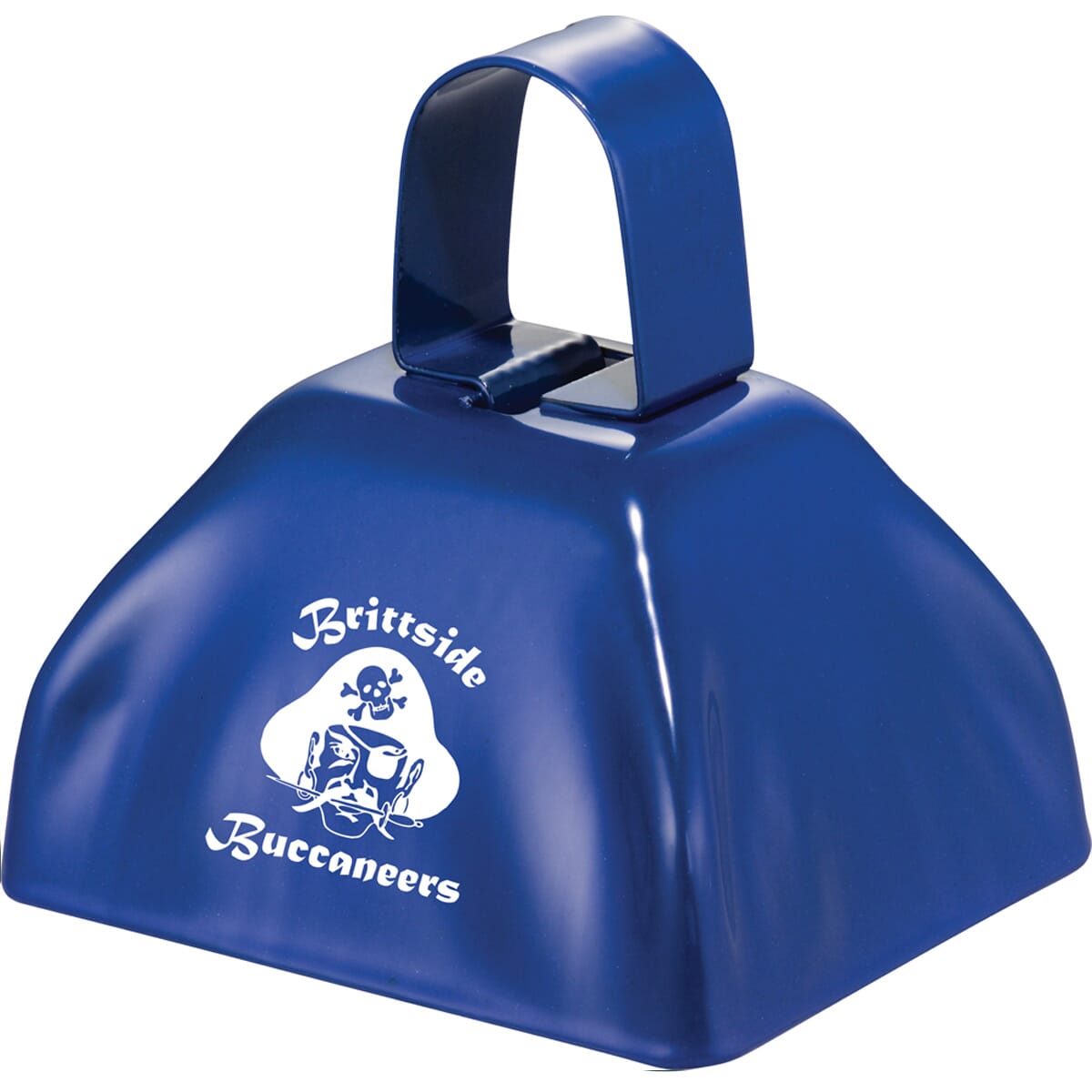 Royal blue cowbell with school logo and mascot