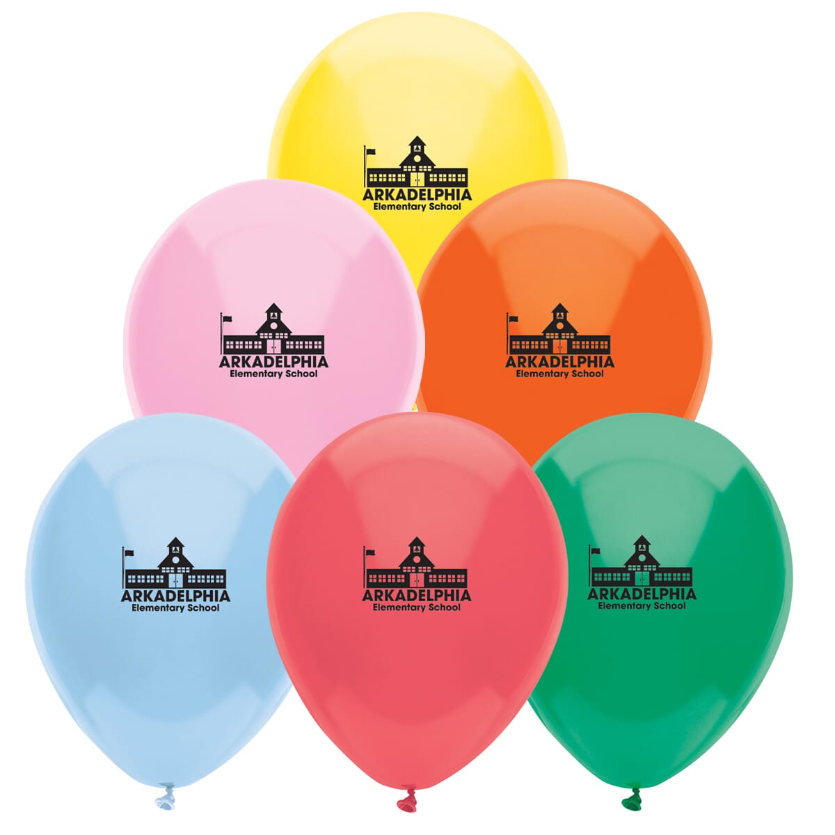 Group of colorful balloons with school logo
