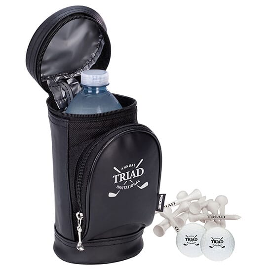 Golf bottle caddy with tees and ball