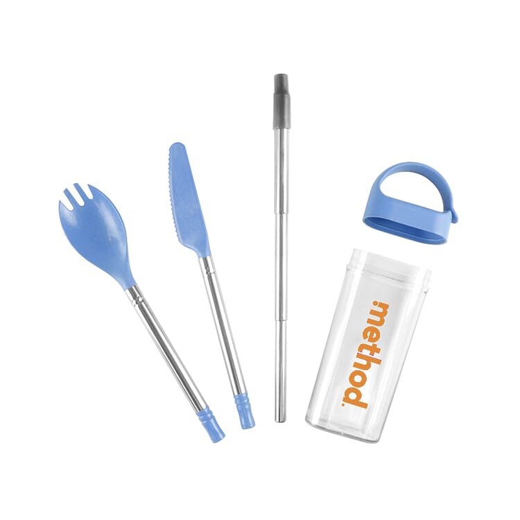blue and silver travel utensil set