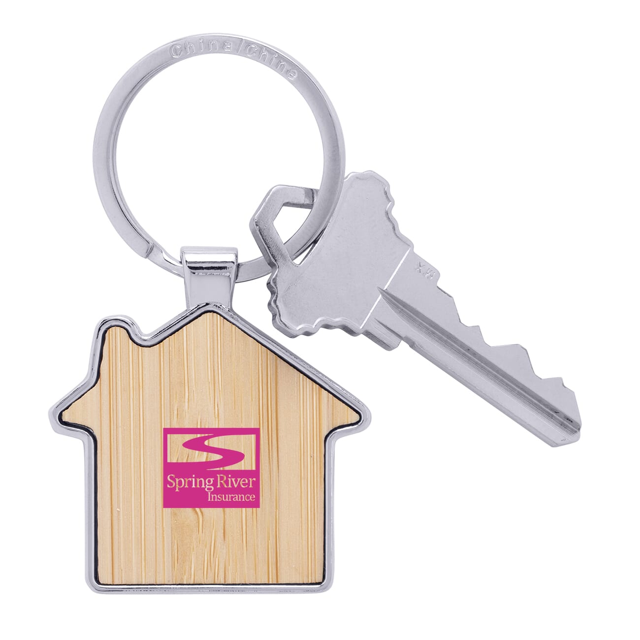 Bamboo & Metal House Keychain